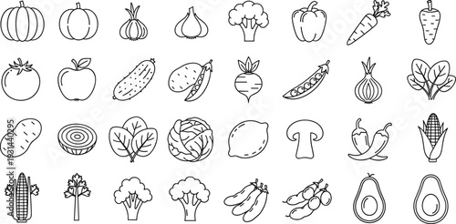 Vegetable Line Icon Set Featuring Pumpkin Garlic Broccoli Pepper Carrot Tomato Apple Cucumber Potato Onion Cabbage Mushroom Chili Corn Avocado