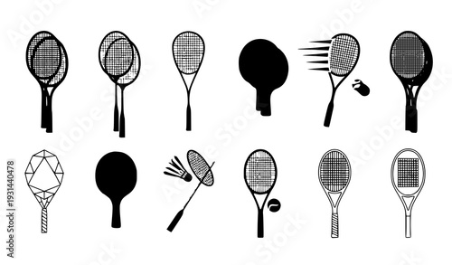 Mixed flat and semi-realistic racquet icons vector set for UI and web