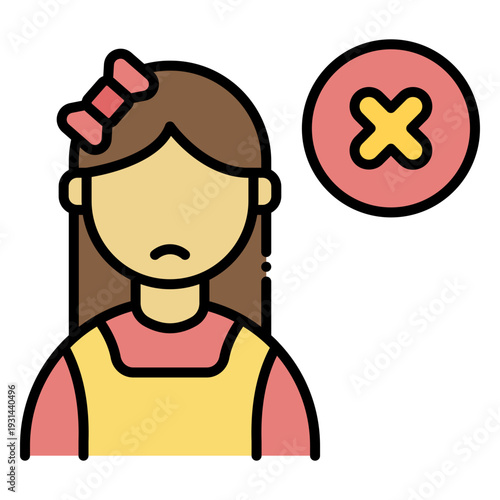Sad girl with cross symbol, rejected concept