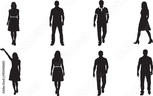 Silhouette illustration of male and female figures in standing and walking poses, minimalistic design concept for animation, posture study, body language, lifestyle, and graphic design projects