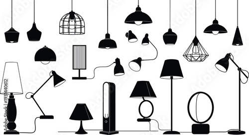 Black Silhouette Vector Set of Modern Interior Lamps Including Pendant Lights Floor Lamps Desk Lighting and Decorative Chandeliers Isolated on White Background