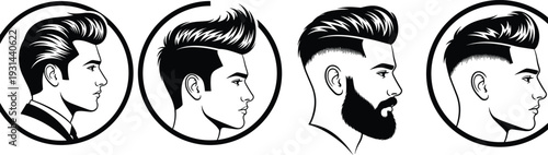 Collection of black and white male profile silhouettes with modern trendy hairstyles including pompadour undercut and beard for barbershop branding and hair salon logos