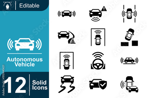 Autonomous Vehicle Icons A Comprehensive Collection of Solid Graphics Representing Self-Driving Car Technology and Related Features for Digital and Print Design Projects