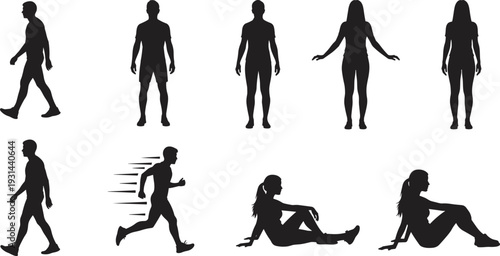 Silhouette illustration of male and female figures walking, running, and sitting in diverse poses, concept design for animation, posture study, lifestyle, and physical activity analysis