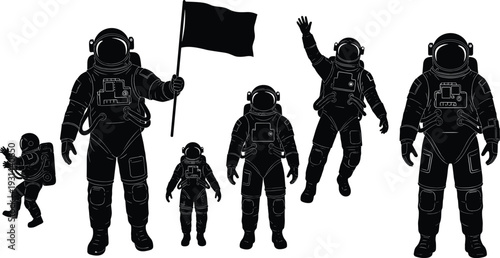 Collection of black astronaut silhouettes in various space suits holding a flag and waving for science exploration moon landing missions and futuristic galactic discovery
