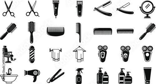 Collection of black barbershop and hair salon equipment icons featuring scissors combs razors hair dryers and grooming tools for beauty parlor and haircutting service design