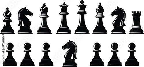 Collection of black chess piece silhouettes featuring king queen knight rook bishop and pawns for strategy games intellectual competition board game design and logic symbols
