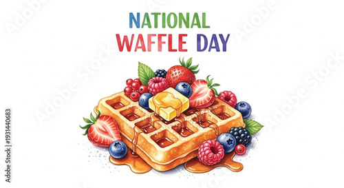 National Waffle Day Watercolor Banner with Berries
