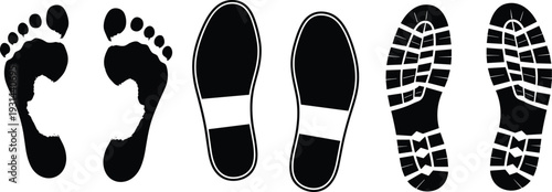 Collection of black footprint silhouettes and shoe sole tread marks for forensic investigation evidence walking paths journey tracking concepts and human step vector icons
