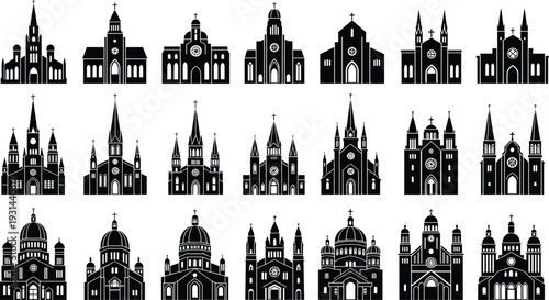 Collection of Christian church and cathedral black silhouettes featuring various architectural styles from Gothic spires to domed basilicas for religious and historical graphic designs