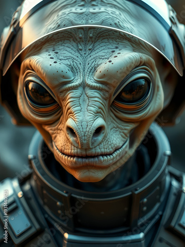 Close-up of a pale, reptilian alien in a futuristic spacesuit.  Intriguing design details are visible on its head and uniform.