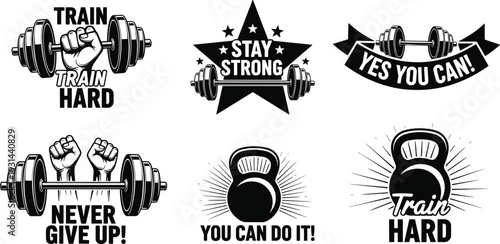 Collection of fitness and bodybuilding vector badges featuring barbells kettlebells and motivational quotes like train hard and stay strong for gym branding and athletic apparel