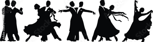 Collection of elegant ballroom dancing couple silhouettes in formal attire performing classic waltz and tango dance moves for social events wedding entertainment and performance art
