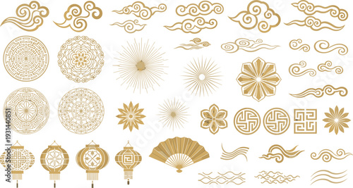 Collection of gold Chinese cultural elements featuring traditional oriental clouds lanterns paper fans and geometric mandala patterns for lunar new year and asian festival design