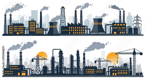 Industrial factory landscape with smoking chimneys and cranes.