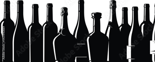 Diverse collection of black wine and liquor bottle silhouettes featuring champagne, spirits, and alcohol containers in a row for bar menus, cellar branding, and restaurant vector graphics.