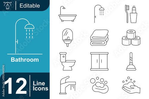 Bathroom icons for home renovation and interior design projects, showcasing essential fixtures and amenities for hygiene and comfort