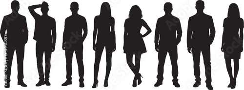 Silhouette lineup of eight diverse human figures in casual and formal attire, showcasing posture, clothing styles, gender diversity, and design illustration for creative projects