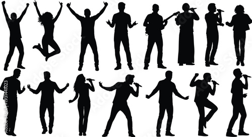 Large Collection of People Silhouettes Singing with Microphones Playing Guitar Dancing and Celebrating at Music Concert Event isolated on White Background Vector Illustration