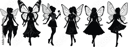 Magical collection of enchanting fairy silhouettes featuring beautiful wings, elegant dresses, and mystical poses for fantasy storytelling, garden decor, and whimsical nursery vector design projects.