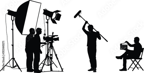 Professional Film Crew Silhouettes Working with Camera Lights Boom Mic and Clapperboard on Video Production Studio Set Isolated on White Background Vector Illustration