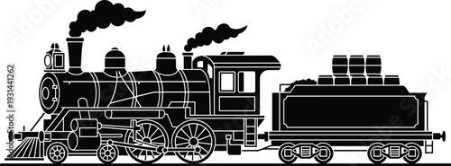 Vintage steam locomotive with freight car silhouette, classic railway train black vector illustration isolated on white background