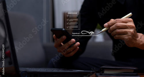 digital signature or e-signature agreement and businessman use smartphone application with internet browser at workplace