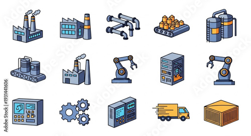 Collection of Industrial Icons and Symbols Representing Manufacturing and Technology.