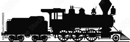 Vintage steam locomotive silhouette side view, classic railway train black vector illustration isolated on white background for design