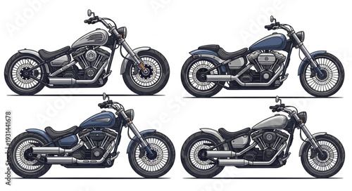 Four different custom cruiser motorcycles displayed side by side.