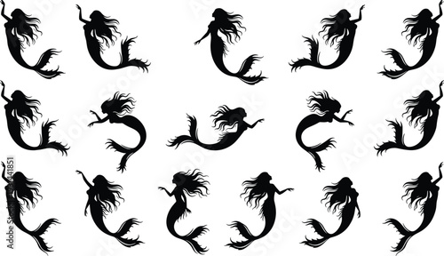 Mermaid silhouettes mega set, fantasy siren characters collection in black vector illustration isolated on white background for design