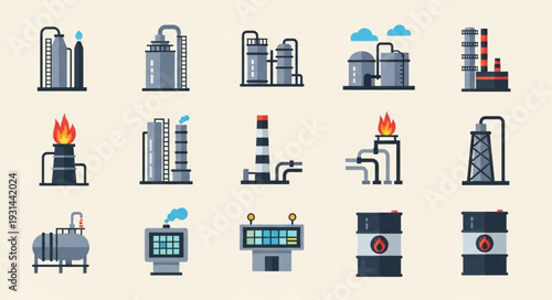 Industrial Factory Icons Set Oil Gas Energy Production.