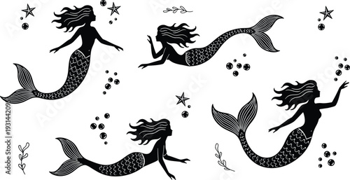 Mermaid silhouettes set with stars and bubbles, fantasy underwater siren characters black vector illustration isolated on white background