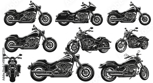 Collection of detailed motorcycle illustrations in black and white.