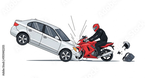 Motorcycle Collision with Car Accident Scene.