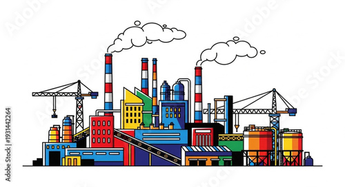 Colorful industrial factory complex with smoking chimneys and cranes.