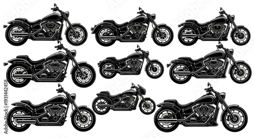 Collection of Detailed Motorcycle Illustrations in Black and White.