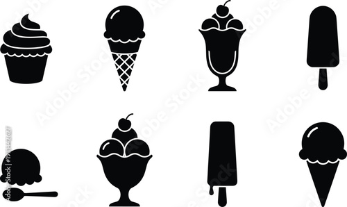 Ice, cream, dessert, silhouettes, collection, cupcake, cone, sundae, popsicle, sweet, black, isolated, vector, illustration, food, treat, design, set, bundle, icon