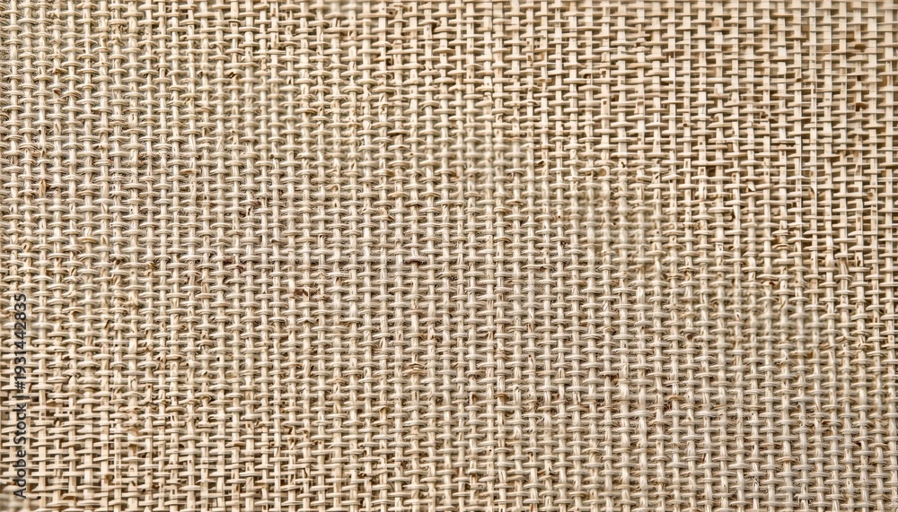 Fototapeta premium Two contrasting textures: a beige burlap fabric with intricate stitching patterns on its left side, and a close up of a grayish fabric with subtle, unidentifiable markings next to it