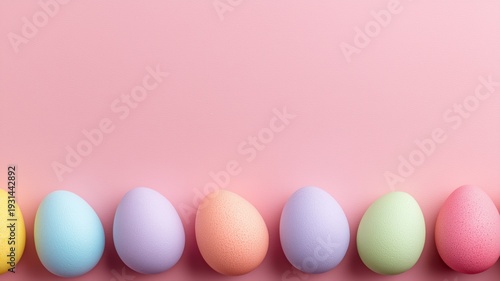 パステルカラーの卵が並んでいる風景。イースターや春の装飾に適した背景素材。