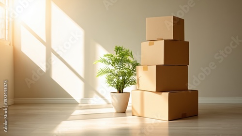 日差しが差し込む部屋の段ボール箱と観葉植物の静かな風景。引越しや整理整頓のイメージ素材。