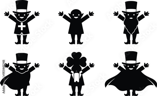 Leprechaun, silhouette, collection, St, Patricks, Day, Irish, character, shamrock, festive, black, isolated, vector, illustration, holiday, lucky, design, set, mascot, bundle