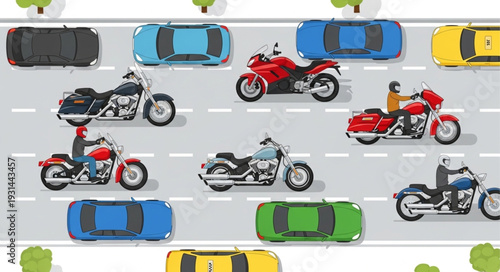 Motorcycles and Cars on Highway.