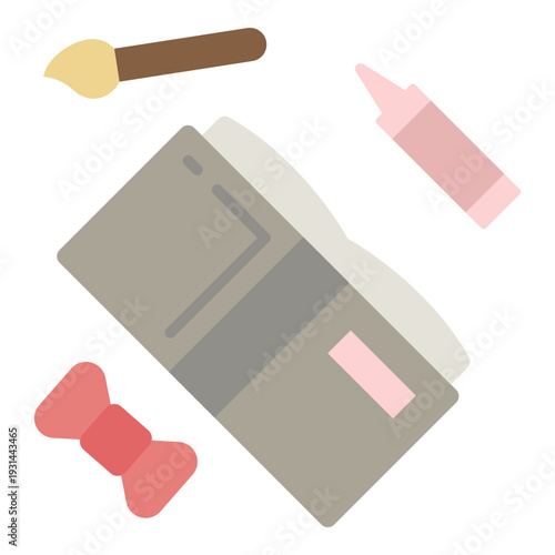 Craft Supplies with Book, Crayon, Paintbrush, and Ribbon