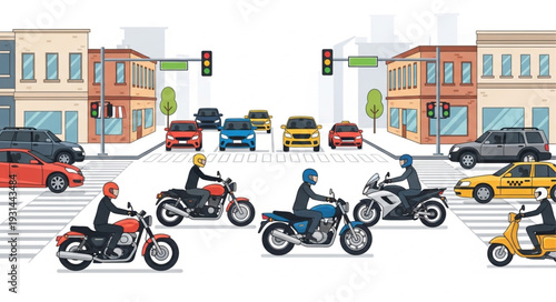 Motorcycles Crossing Busy City Street.
