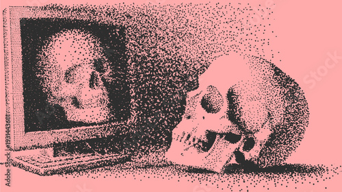 Skull and computer monitor in dotwork pointillism style. Pink and black vector illustration with surreal graphic design.