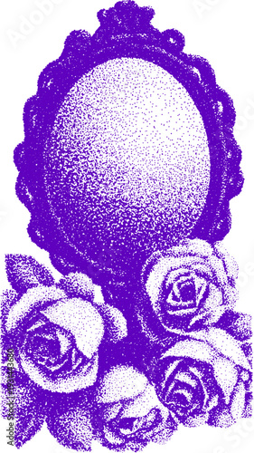Mirror with vintage frame and roses in dotwork style. Decorative vector illustration with monochrome purple floral elements.