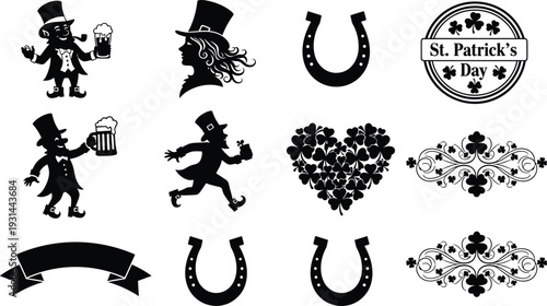 St, Patricks, Day, silhouettes, leprechaun, shamrock, horseshoe, Irish, holiday, celebration, black, isolated, vector, illustration, festive, design, set, clover, badge, ribbon