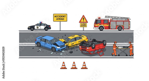 Multi Vehicle Car Crash Accident Scene.