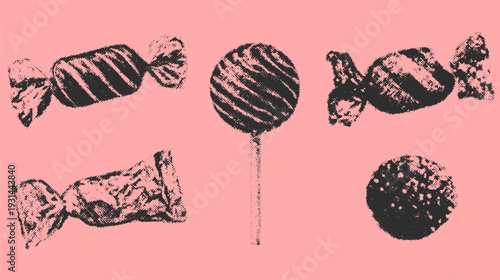 Candy and lollipop set in vintage halftone style. Monochrome illustration with textured elements on pink background. Retro vector dessert set.